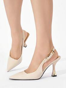 Women's Closed Toe Metal Buckle Decor Solid Color Pointed Toe High Heel Shoes, Slip-On Mule Pumps, Elegant For Party, Date, Work, Formal Occasions, Suitable For Autumn/Winter, Beige,Mothers Day Gift - Beige - View 4