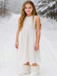 1双女童柔软舒适人造毛皮内衬圆头厚底中筒靴，拉链设计，保暖时尚，适合3-12岁学生，适合滑雪、校园、假期、圣诞节、秋冬季穿着。 - 白色 - 查看 8