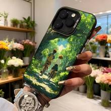 Cubierta de telefono con diseño de anime para iPhone verde con imagen de dos personas en bicicleta bajo un arbol en un bosque soleado ideal para amantes de la naturaleza y el arte animado Aplicable a los teléfonos de la serie Apple y Galaxy - Negro - Ver 6