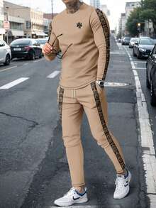 男士商务休闲格子印花长袖衬衫和长裤套装 - 彩色 - 查看 1