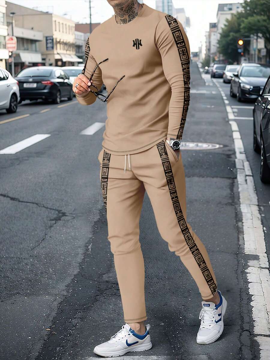 男士商务休闲格子印花长袖衬衫和长裤套装 - 彩色 - 查看 1