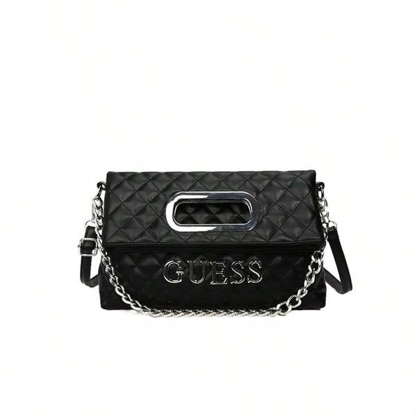 Rhombus Pattern Leather Women's Handbag, Metal Buckle & Chain Decor Shoulder & Crossbody Bag, Classic Black Color Versatile Tote