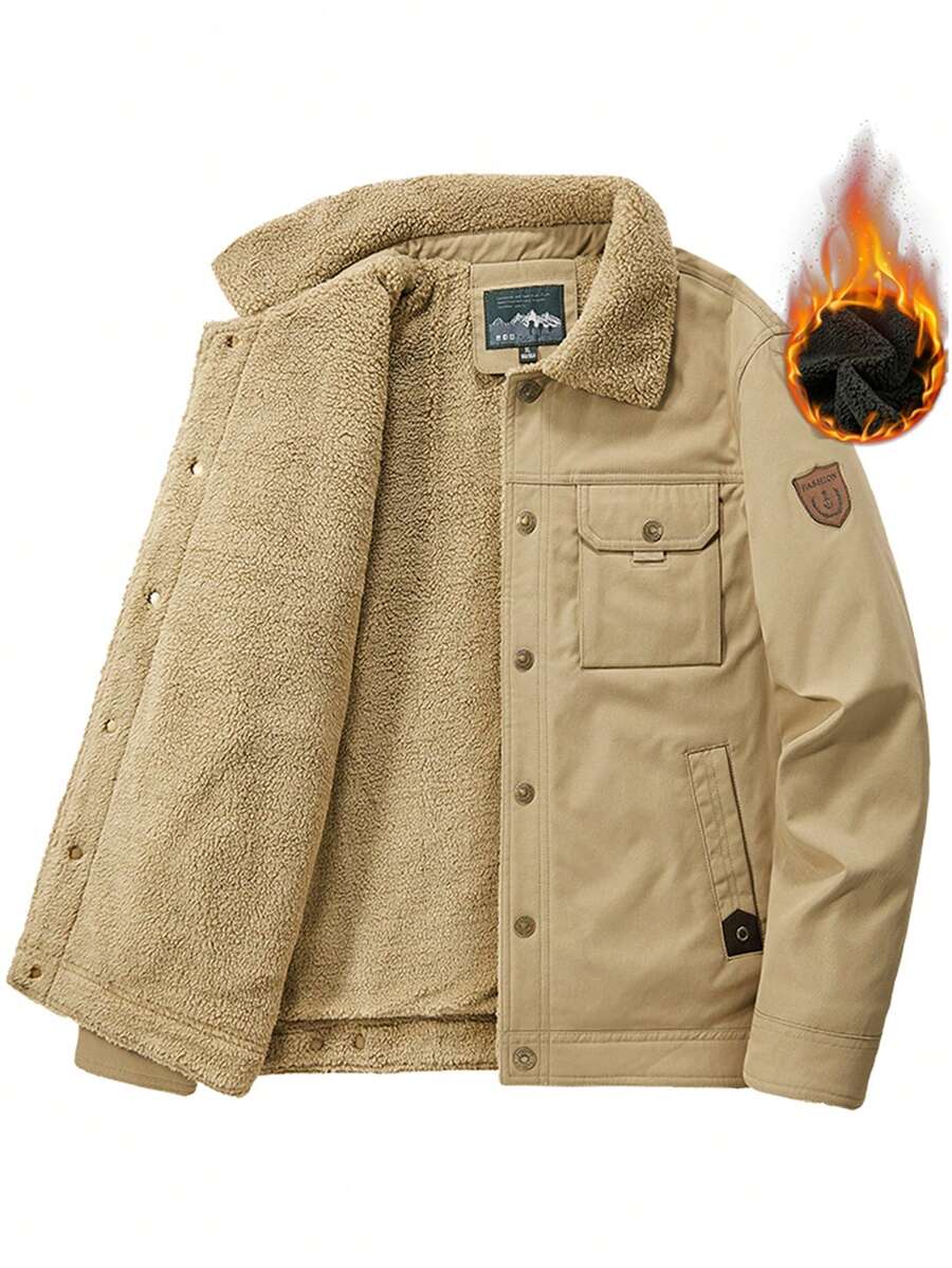 1pc Autumn/Winter Thermal Lined Warm Fur Collar Jacket, New Men's Jacket Outerwear Lapel Casual Versatile Multi-Pocket Jacket, Khaki Jacket, Retro Jacket - Khaki - View 1