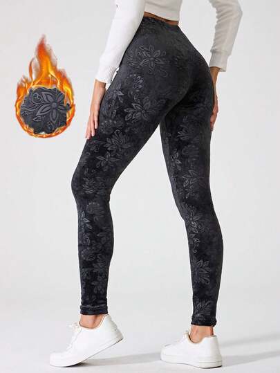 1pc Black Chinese Style Silver Fox Velvet Floral Jacquard Chinese Chic High Waist Autumn/Winter Warm Thermal Lined Leggings For Women
