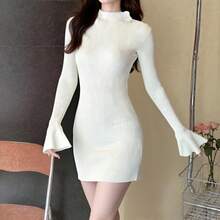 Women's Autumn Above Knee Dress White Long Flared Sleeve O Neck Knit Ribbed Dress - White - View 4