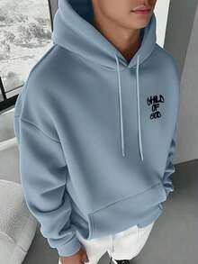 男士休闲时尚街头连帽衫，字母印花，袋鼠口袋，抽绳设计，秋冬款 - 淺藍色 - 查看 2