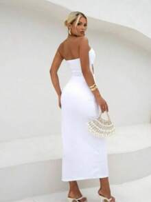 Vestido transpassado midy tecido suplex para ano novo modelo tomara que caia abertura dupla moda verão ano novo - Branco - Visão 2