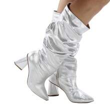 Women's Slouchy Wrinkled High Boot With 7.5 Cm Geometric Chunky Heel And Pointed Toe - Comfortable - Silver - View 2