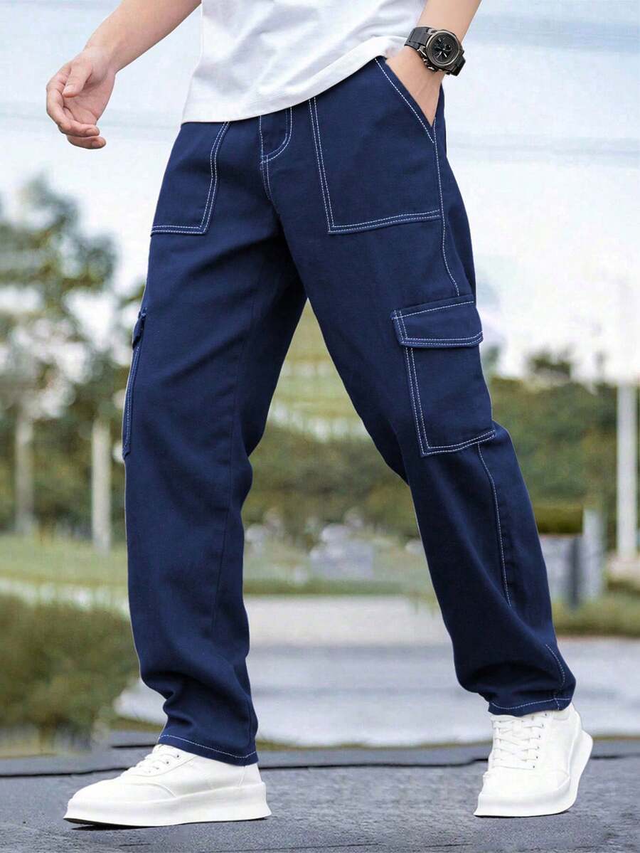 1pc Teen Boy Retro Casual Avant-Garde Minimalist Denim Effect Pocket Cargo Pants, Suitable For Spring, Summer, Autumn & Winter - Blue - View 1