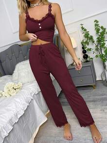 Ladies' Comfortable Striped Pajama Set - Sexy Lace Halter Pants And Shorts, Solid Color, Sleeveless, V-Neck, Long Style, Casual Style, Suitable For All Seasons, Casual Home Wear/V-Neck Halter Pants/Striped Fabric - Rượu vang đỏ - Xem 3