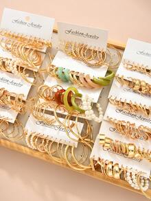 48 piezas/set Conjunto de joyas de aretes de perla de imitación en forma de corazón con diseño geométrico minimalista y liso como regalo para mujeres, cumpleaños, festividades, citas, fiestas