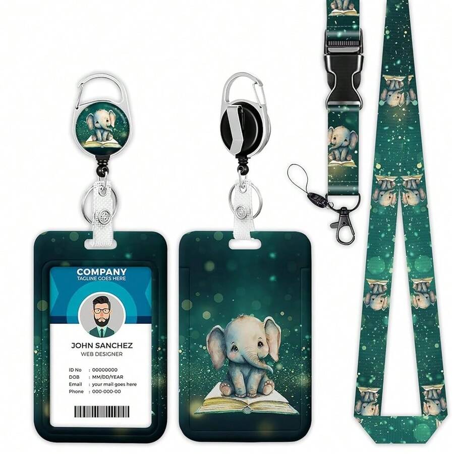 Cute Elephant Lanyards For ID Badges,Green Glitter ID Badge Holder With Lanyard Retractable Badge Holder/Reel Lanyard, Teacher Student Office Gifts,Elephant - 大象 - 查看 1