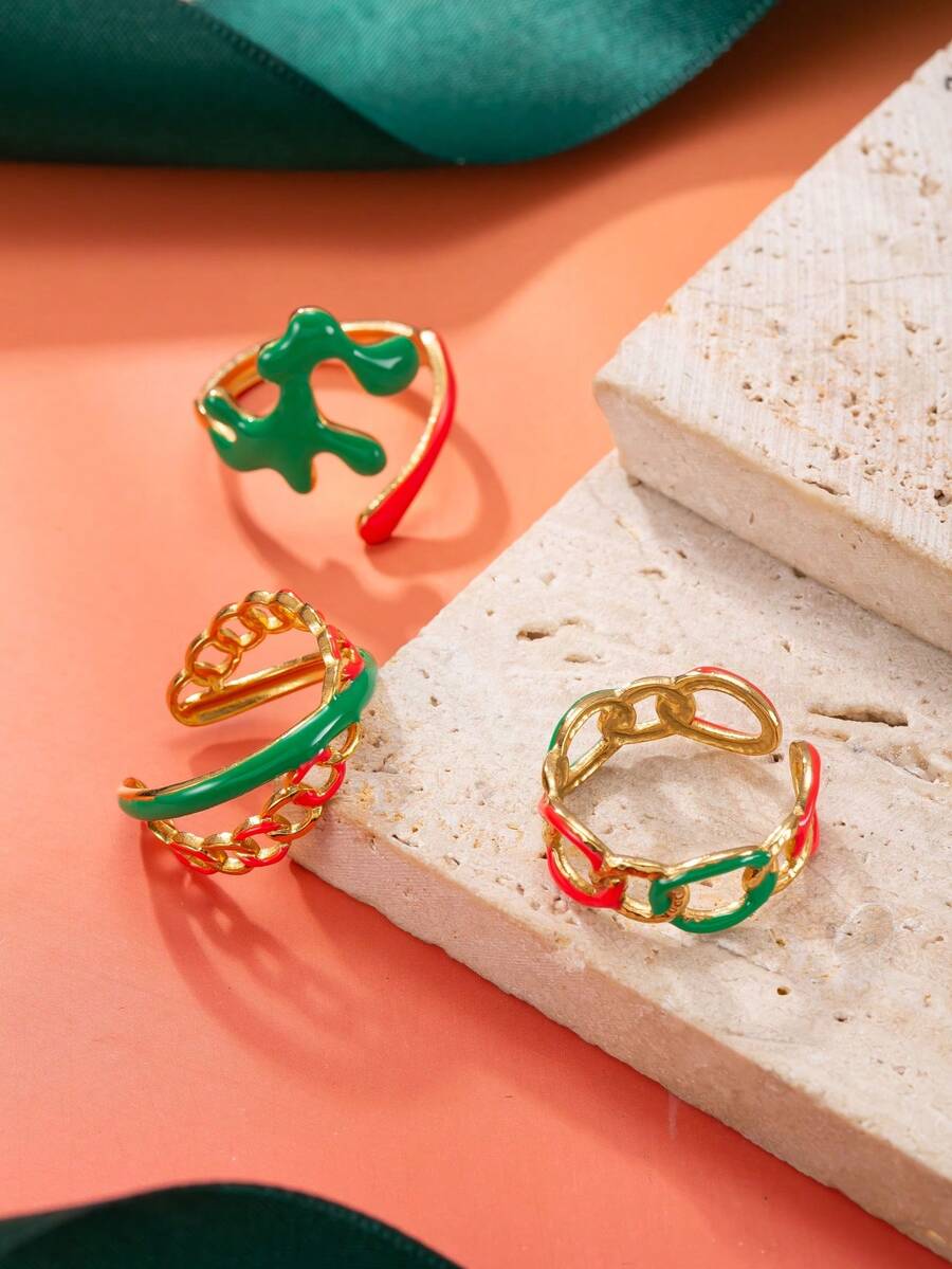 3pcs Stainless Steel Women's Christmas Ring Set, Includes Leaf & Line Design Elements, Suitable For Daily Wear, Holidays, Dates, Engagements, Weddings, Adjustable - Gold - View 1