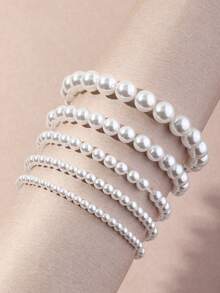 Set de 5 pulseras minimalistas con cuentas de perlas falsas, accesorio dulce y versátil para niñas - Blanco - Ver 1