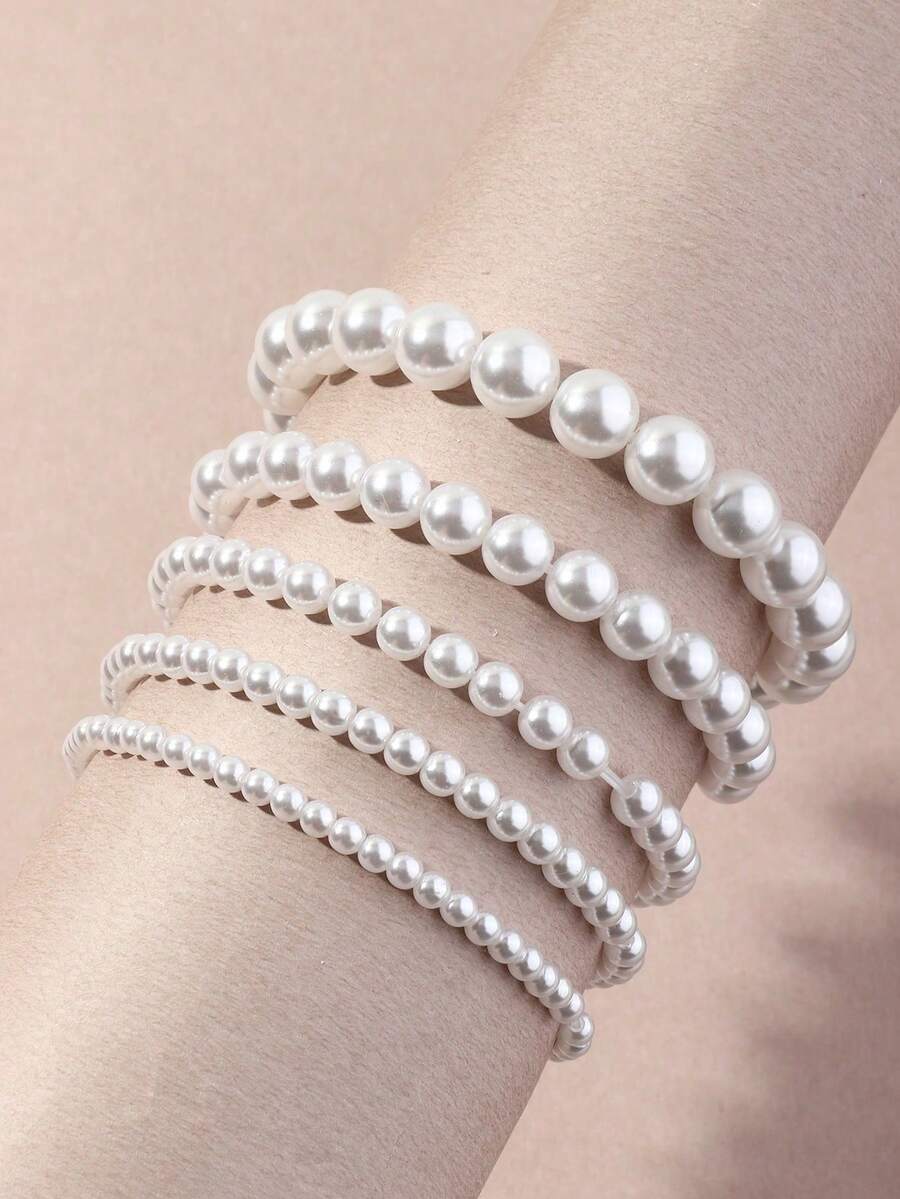 Set de 5 pulseras minimalistas con cuentas de perlas falsas, accesorio dulce y versátil para niñas - Blanco - Ver 1