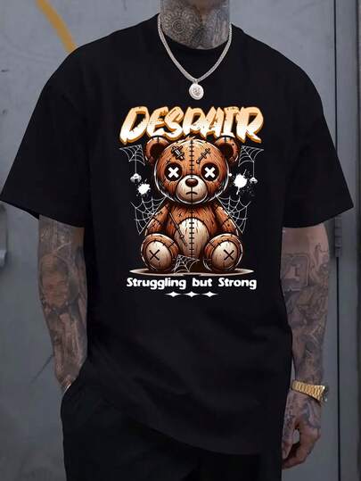 Camiseta gráfica de oso de peluche "Despair But Strong" para hombres - 100% algodón, transpirable y cómoda, camiseta de cuello redondo de manga corta para uso casual y vacaciones de primavera/verano