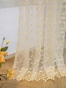 1件装优雅刺绣叶子薄纱窗帘，经典法式风格，杆袋式设计，适用于卧室和客厅，透明透光窗帘 - 米色 - 查看 7