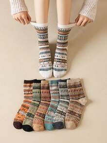 7 Pairs Retro Mid-Calf Socks, Warm And Fashionable Pattern Mid-Calf Socks For Autumn/Winter - Multicolor - View 3