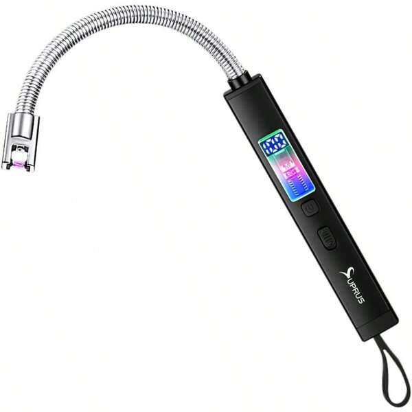 SUPRUS Electric Candle Lighter USB-C Rechargeable With Digital Battery Display Ambient Lighting Safety Switch 360° Flexible Neck Flameless Plasma Windproof For Candle BBQ Camping Black