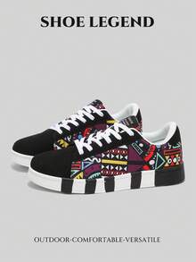 Men's Lace-Up Casual Canvas Sneakers, Fashionable Colorblock Random Graffiti Letter Print