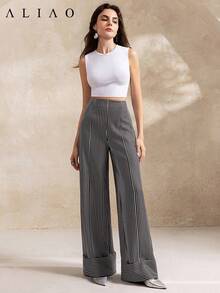 Aliao优雅荷叶边条纹阔腿裤，情人节穿搭，春季，白色派对活动，复古富贵风，宫廷风，端庄优雅，商务休闲女装 - 黑與白 - 查看 5