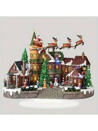 Villaggio di Natale in acrilico 2D, stile bohémien, da appoggiare, con Babbo Natale e slitta con renne, casa innevata, decorazione multifunzionale per casa e ufficio, design natalizio 2D piatto, centrotavola natalizio, scena invernale del villaggio, illuminazione stagionale, ornamento natalizio da esterno, design piatto 2D