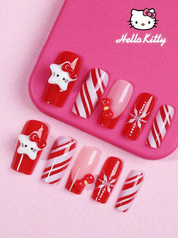 Sanrio Christmas Sanrio Hello Kitty 24pcs Square Red & White French Tip Press On Nails With Cute Hello Kitty,Bow,Star ,Christmas Ribbons And Snowflake Design, Perfect Fit False Nails Set, Contain 1pc Jelly Glue And 1pc Nail File ,Hello Kitty Nails & Christmas Nails For Women And Girls Daily Life And Party Use