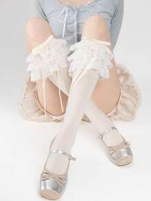 1双女士法式蕾丝蝴蝶结学院风可爱Y2K优雅性感小腿袜 - 彩色 - 查看 4