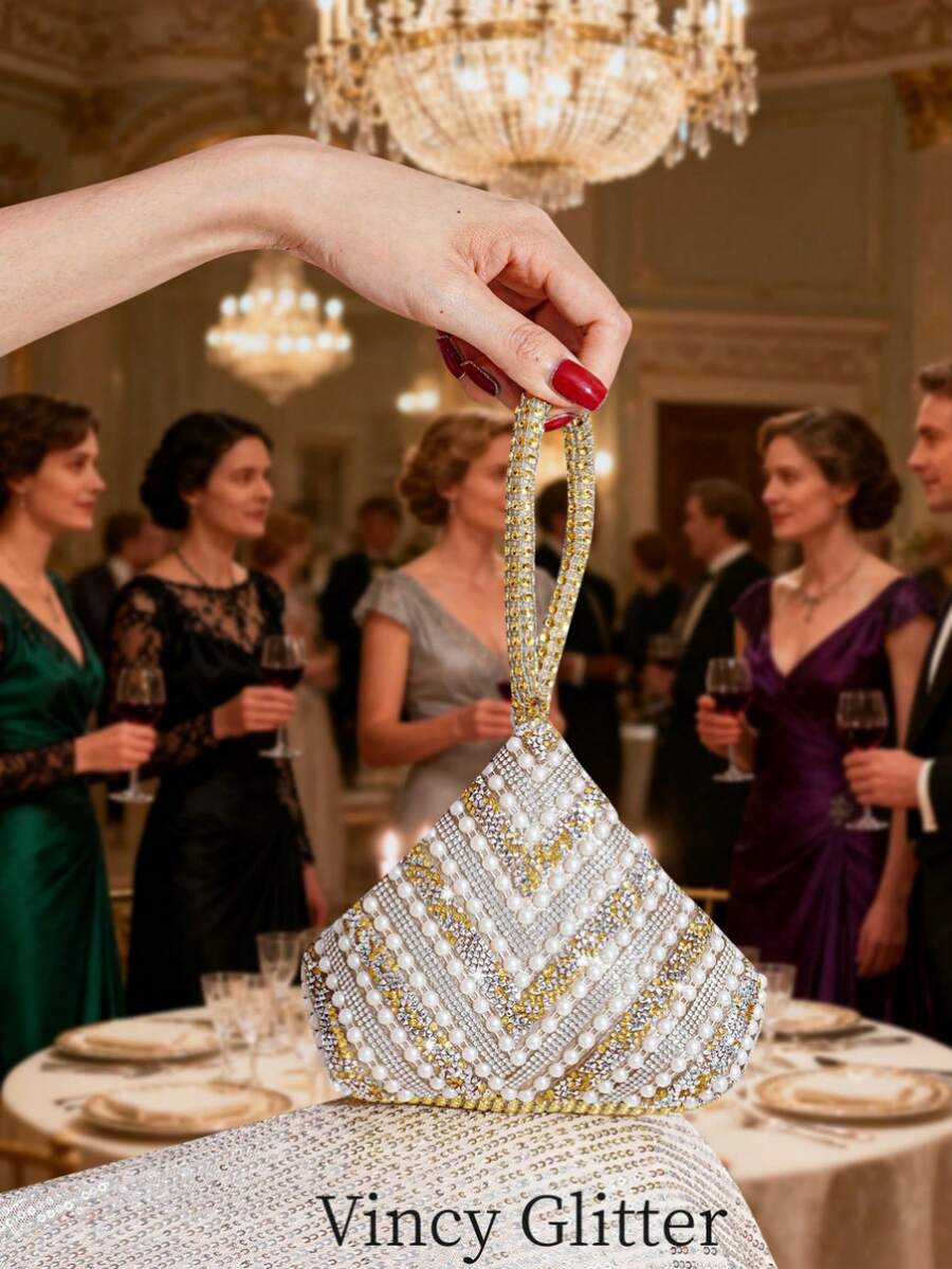 Irregular Shaped Clutch Bag With Sparkling Pearl Rhinestone Decor, Handbag For Gala, Party, Evening Dress Matching