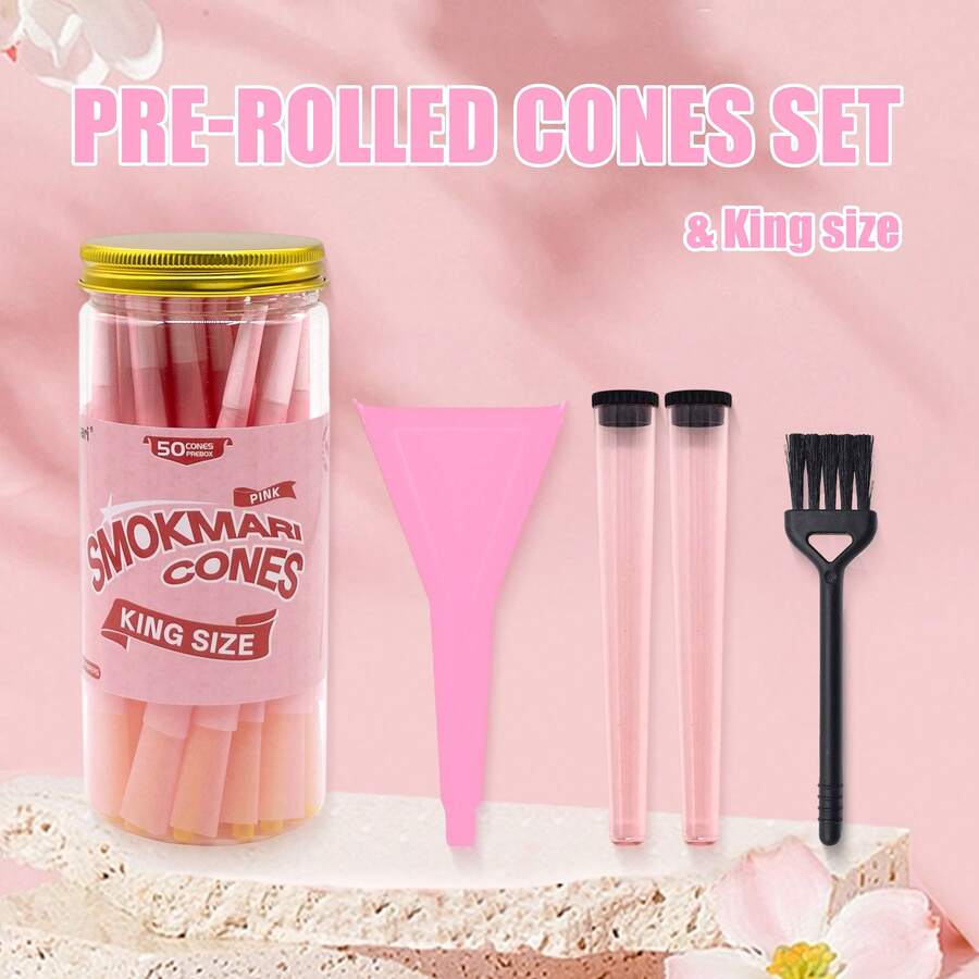 50pcs King Size Pre-Rolled Papers With Filter Tips, 84mm Pre Rolling Cones With Filling Device, Two Cones Holder, Cone Loader, Cleaning Brush, Slow Burning, Tobacco Accessories, Holiday Gift For Friends And Family - Multicolor - View 1