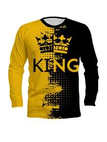 2pcs Men's KING & Crown Graphic Print Color Block Crew Neck Long Sleeve Tee & Drawstring Sweatpants Set, Casual  Street Style Outfits, Men's Clothing - 混合色 - 查看 4