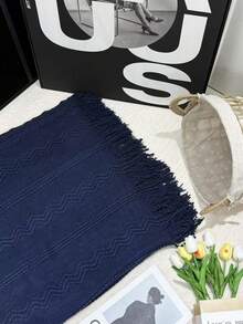 1pc Wavy Pattern Blanket, Nordic Style Acrylic Rectangle Tassel Solid Color Sofa Cover Blanket, Bedding Decor Throw Rug, Nap Blanket, Knitted Blanket - Vertical Stripes With Three Bends, Dark Blue - View 4