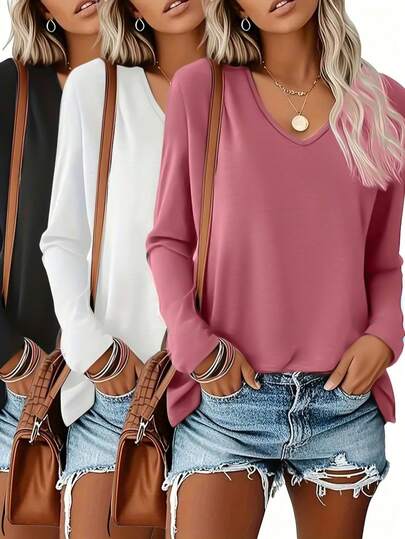 3 peças de camisetas femininas de manga comprida com decote em V - blusas casuais macias e elásticas, adequadas para todas as estações, ajuste regular, peça versátil para combinar, roupa | Camiseta com decote em V | Elasticidade média, camisetas femininas, blusas/tops de manga comprida femininos, blusas femininas de outono, camisetas/camisetas femininas, blusas femininas