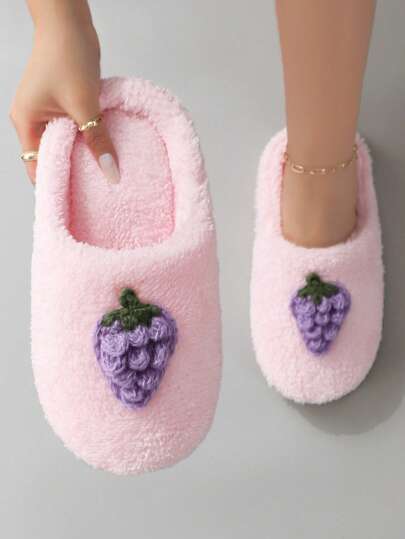 Zapatillas/pantuflas de casa suaves con fondo de punto 3D con diseño de frutas lindas y dulces hechas a mano para mujer, pantuflas esponjosas para otoño/invierno