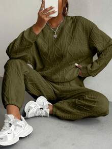 New Women's Long-Sleeved Solid Color Sweatshirt And Trousers Set With Textured Fabric, Fashionable, Casual And Versatile. - 軍綠色 - 查看 1