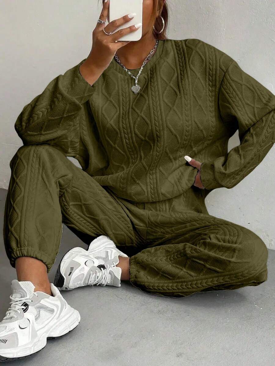 New Women's Long-Sleeved Solid Color Sweatshirt And Trousers Set With Textured Fabric, Fashionable, Casual And Versatile. - 軍綠色 - 查看 1