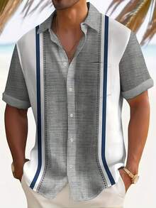 男士短袖正装衬衫 - 夏季修身大号纽扣衬衫，带领子和口袋，条纹/花卉/几何图案（欧式-非洲风格） - 休闲及派对穿着，可机洗 - 白色/黑色/棕色（加大码） - 灰色 - 查看 11