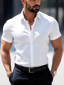 Stylish Men's Short-Sleeved Shirt With Lapel And Buttons For Summer. - White - View 1