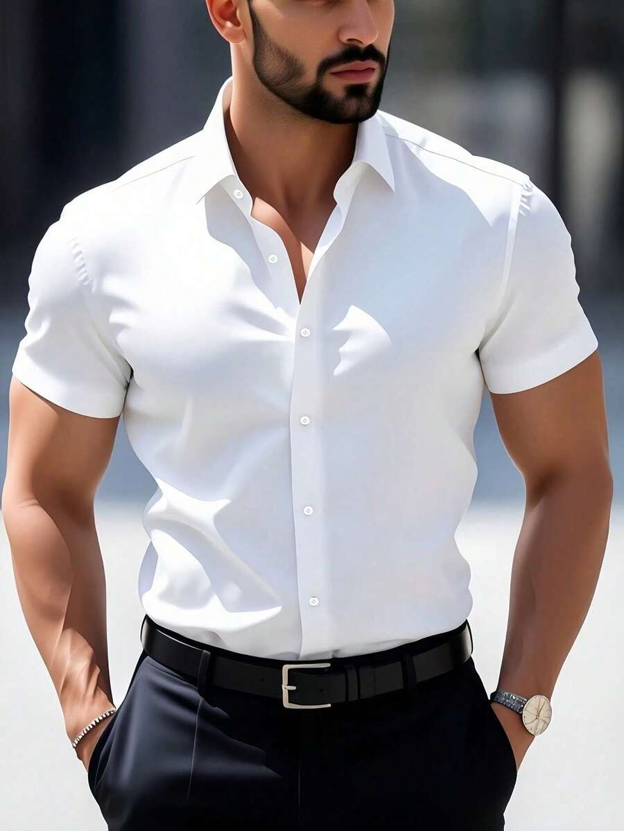Stylish Men's Short-Sleeved Shirt With Lapel And Buttons For Summer. - White - View 1