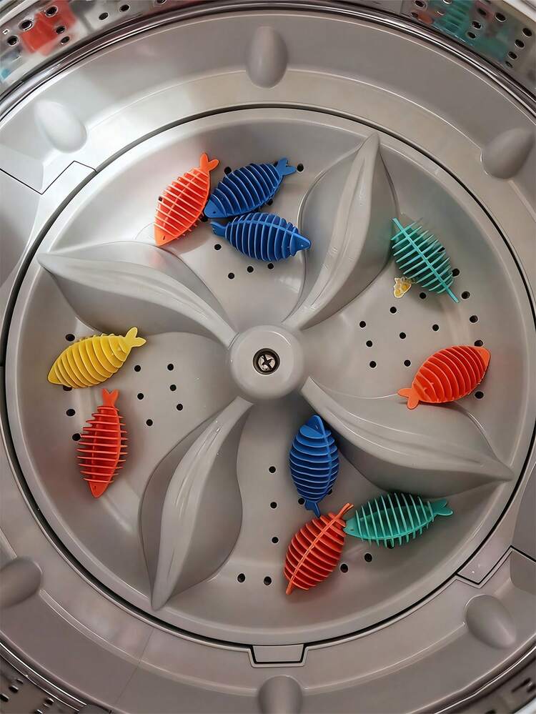 可重复使用的衣物除毛球，硅胶防绒毛收集器，缩短烘干时间，减少静电和褶皱，适用于洗衣机，可用于衣物、毯子、毛巾等。鱼形烘干球，宠物毛发去除器，家用洗衣工具，家居必备，洗衣配件，清洁用品，洗衣用品 - 彩色 - 查看 2