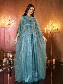 UNITHORSE 女士立领蝙蝠袖长款奢华串珠蕾丝刺绣腰带两件套土耳其长袍 - 藍色 - 查看 6