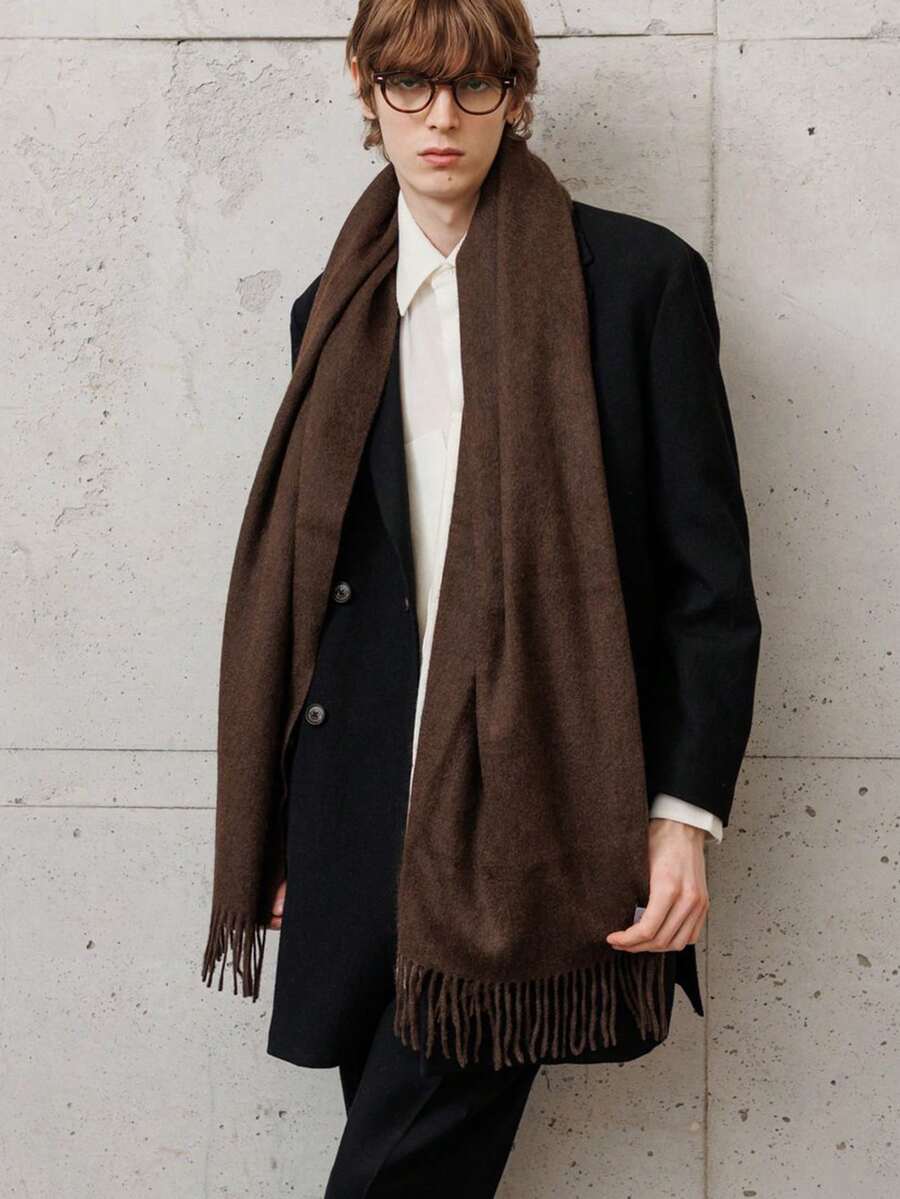 1pc Classic Herringbone Pattern Fringed Solid Color Cashmere Scarf, Unisex Fashion Casual Windproof Warm Shawl, Comfortable Blanket Scarf, Suitable For Daily Wear, Autumn/Winter - Chocolate Brown - View 1
