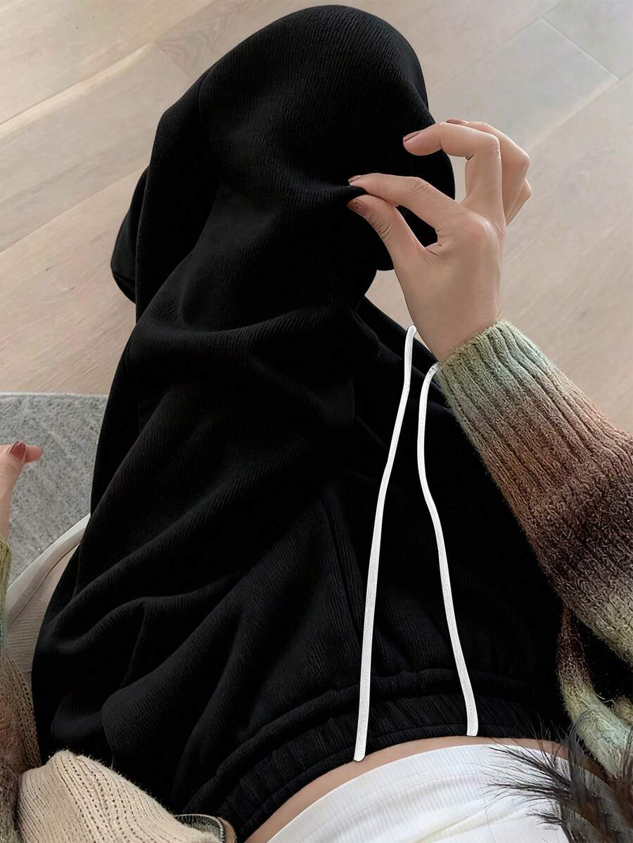 女士时尚百搭抽绳系腰休闲黑色直筒裤，秋季款 - 黑色 - 查看 1