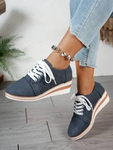 Women's Spring/Autumn Fashion Lace-Up Platform Wedge Heel Casual Shoes - Royal Blue - View 2