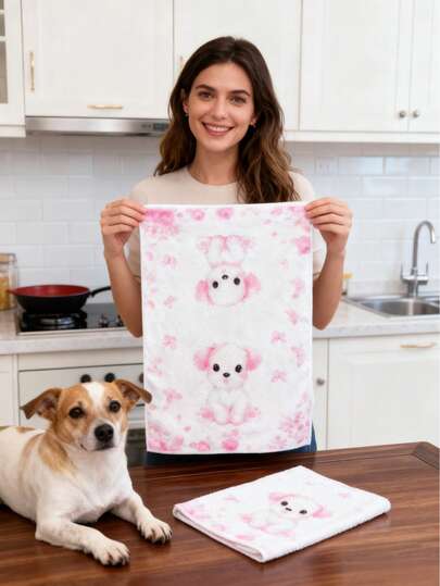 2Pcs Vintage French Buldog Pattern HandTowels,Kitchen, Restaurant,Soft Absorbent Polyester Knit Fabric,Cartoon Themed Oblong Hand Wash OnlyKitchen & Bathroom Decor Towels