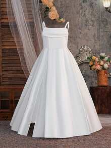 Tween Girls Solid Color Spaghetti Strap Open Back Tie Back Satin Elegant Flower Girl Evening Dress, Suitable For Party, Headband Not Included - White - View 6