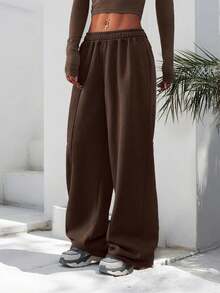 Plus 女士纯色休闲宽松带口袋纯色运动裤 - 棕色 - 查看 4