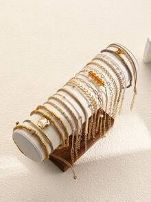 7/19pcs Vintage Elegant Heart Crystal Faux Pearl Snake Chain CCB Beaded Layered Bracelet Set, Women Occasion Gift, Versatile Daily Wear - Yellow Gold - View 5