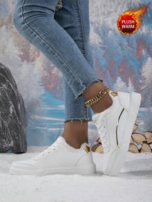 Women's Elegant & Comfortable Low-Top Sneakers - Lightweight EVA Sole, Warm Lining - White Upper With Gold Accents - Comfortable Casual Shoes, Minimalist Design, Soft Cushioning, Durable Traction, Ideal For Urban Lifestyle