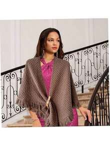 Women's Crochet Cashmere Shawl, Decorated With Bows And Pom-Poms, Caramel Color, Warm Triangular Scarf, Perfect For Autumn And Winter.